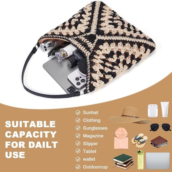 Straw Beach Tote Large Capacity Woven Summer Shoulder Handbag for Women - Picture 3 of 6